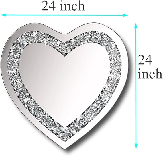 DMDFIRST Crystal Crush Diamond Heart Shaped Silver Mirror for Wall Decoration 24x24x1 inch Wall Hang Frameless Mirror Acrylic Diamond Décor.