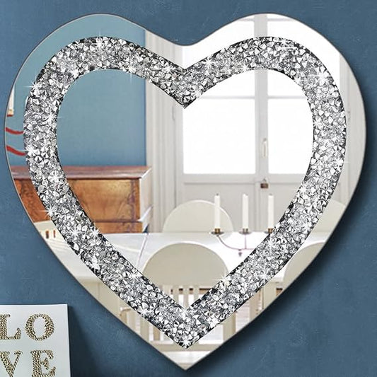 DMDFIRST Crystal Crush Diamond Heart Shaped Silver Mirror for Wall Decoration 24x24x1 inch Wall Hang Frameless Mirror Acrylic Diamond Décor.