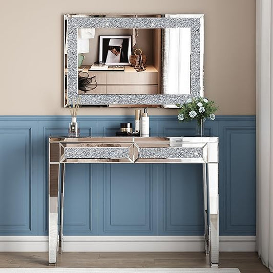 SHYFOY Crushed Diamond Mirrors for Wall Decor, 35.4x23.6 Decorative Mirror Rectangle Hanging Mirrors Large for Living Room Crystal Wall-Mounted Mirror Silver